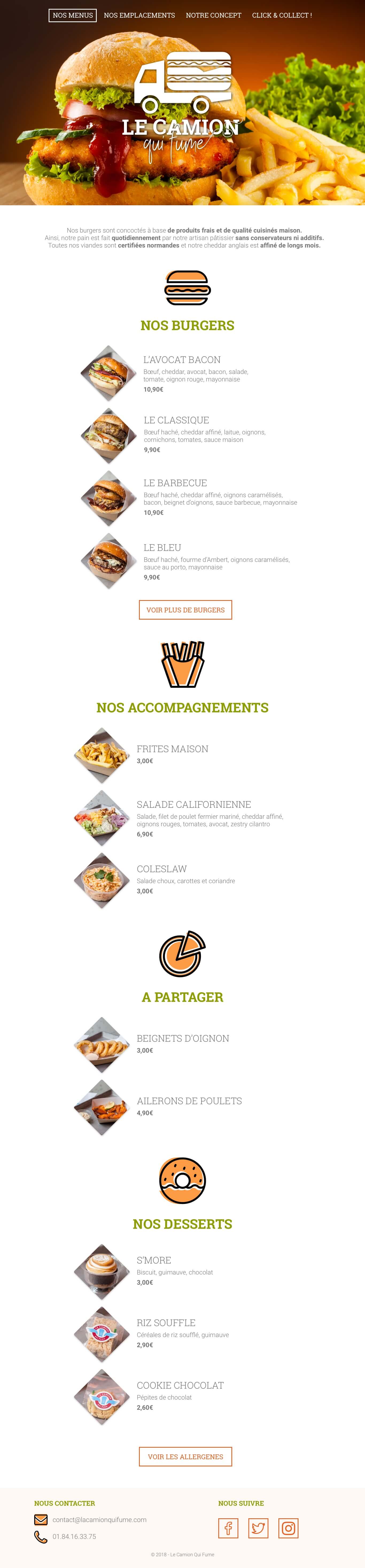 Page des menus du site Le Camion qui Fume