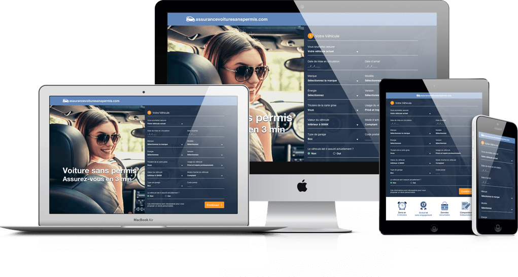 Site assurancesvoituresanspermis.fr affiché sur deux ordinateurs, une tablette et un téléphone